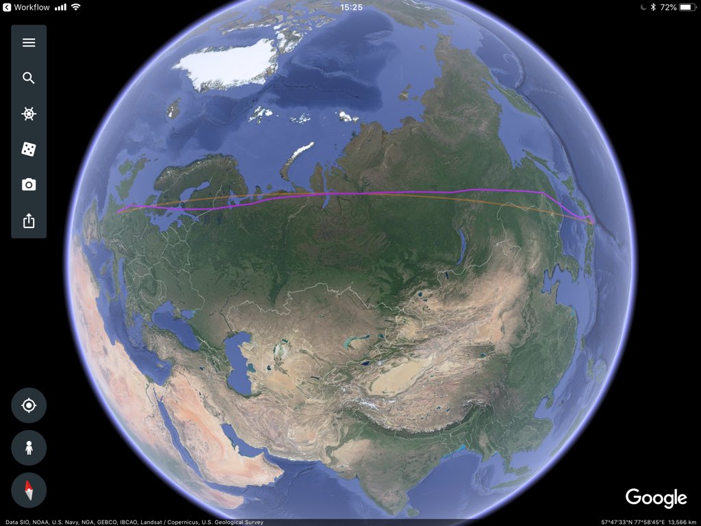 pascalrs's tweet photo. 11h0m to Tokyo, Haneda airport. 9730 km. Tonight the route is quite northerly, as up as 69° latitude, which means the daylight will last the whole flight. #AF272 https://t.co/A6HBFuZ8OR