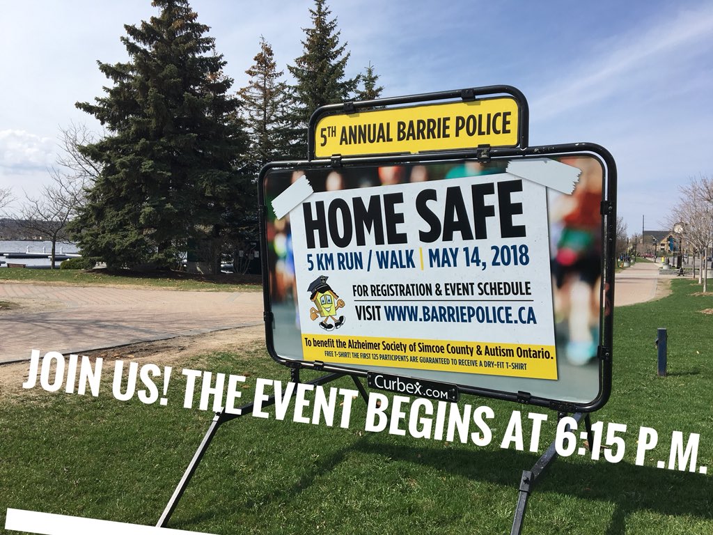 BarriePolice's tweet photo. To kick off #PoliceWeekON join us tonight at Heritage Park for the Annual Home Safe Run/Walk! Register onsite at 6:00 p.m. @AlzheimerSimcoe @autismsimcoe @LifesaverSimcoe . Visit our website for further information! #BPSHomeSafeRun https://t.co/NLCKoi9DH6