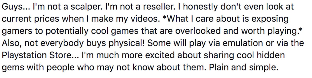 MetalJesusRocks's tweet photo. I'm getting some grief &amp; hate lately about my Hidden Gems videos &amp; rising prices of retro games we talk about. Here is my response posted to Facebook.... but I'll share it here. I've been making YT videos for 8 years &amp; my goal has always been the same... https://t.co/P69T8pHz8e
