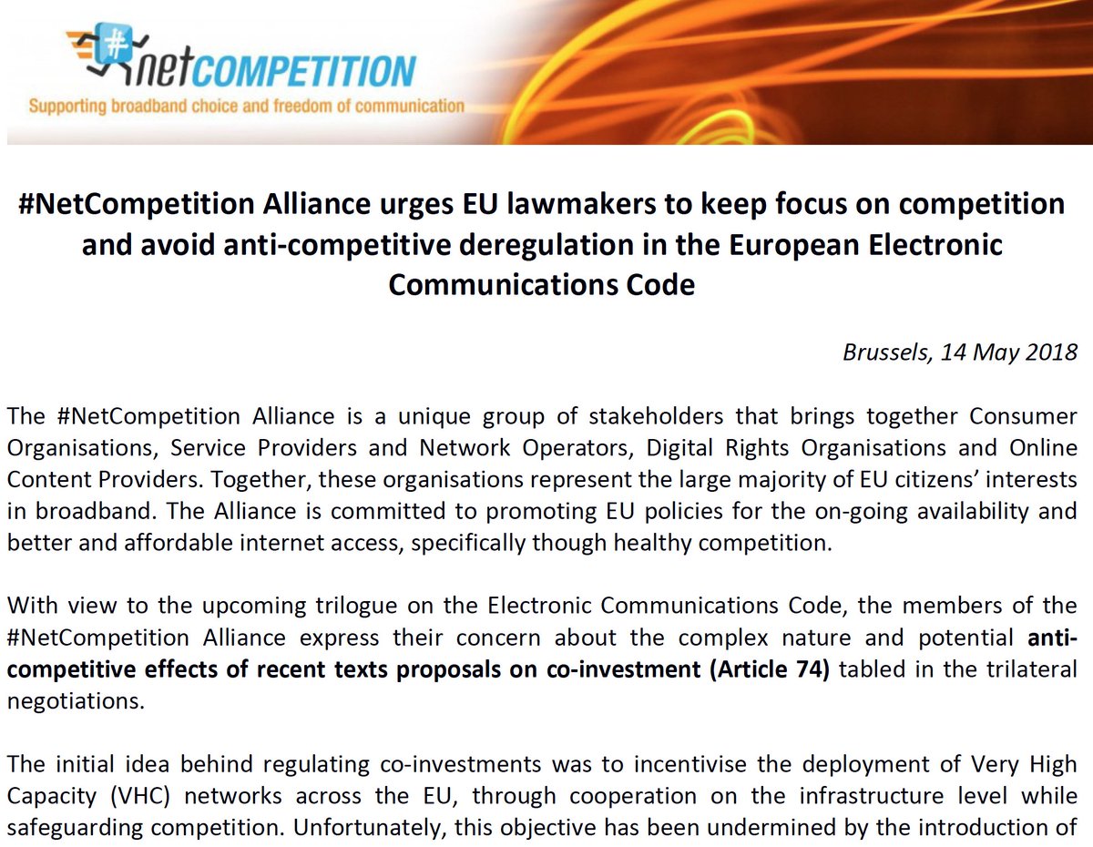 SaveNetComp's tweet photo. S.O.S. Message to the EU Legislator meeting in trialogue on the Electronic Communications Code: Save #NetCompetition and #delete74
https://t.co/c2pqAi0dIN @beuc @gbeltra @edri @Ansip_EU @delcastillop @miapetrakumpula @EU2018BG @GabrielMariya @Senficon https://t.co/MNp2MVMnS0