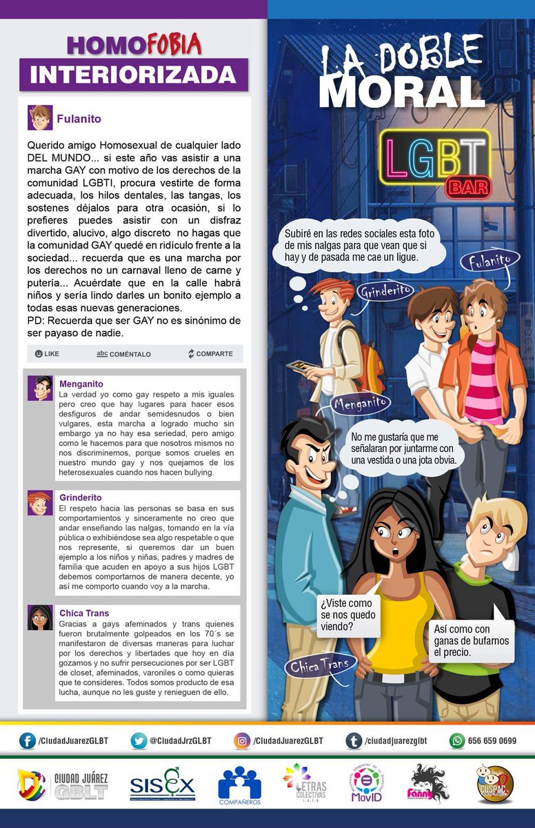 CiudadJrzGLBT's tweet photo. Mientras tanto en una red social cualquiera, algunas personas desde su Homofobia Interiorizada empiezan a publicar comentarios respecto a quienes participan en las Marchas LGBT y por otro lado la Doble Moral

#LGBT #GLBT #DiversidadSexual #Homofobia #CiudadJuárez #Jrz #Juárez https://t.co/zBzwllwWcj