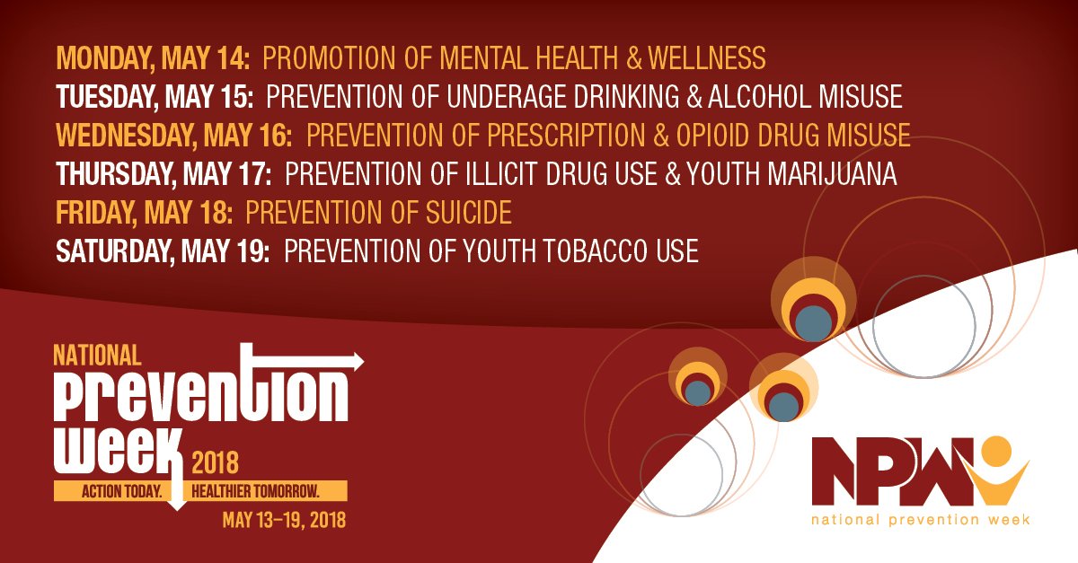 samhsagov's tweet photo. This week is National Prevention Week 2018!

Each day, SAMHSA will focus on a specific health theme that is important to #prevention. Get involved today! https://t.co/2DttCZVe70 #NPW2018 https://t.co/otMsPxVW5H