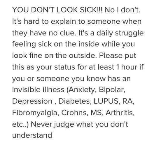 I remember seeing this on facebook.
I still get told this alot.
#InvisibleIllness
#MentalHealthAwarenessWeek