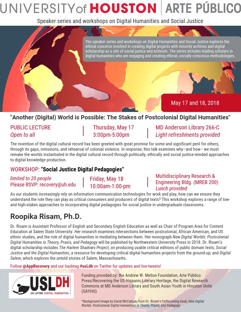 LGauth19's tweet image. Please join us this week for @roopikarisam's lecture, "Another (Digital) World is Possible: The Stakes of Postcolonial Digital Humanities." If you can't make it in person, follow #usldh or watch the live feed on the @apprecovery FB pg. #pocoDH #usldh hastac.org/opportunities/…