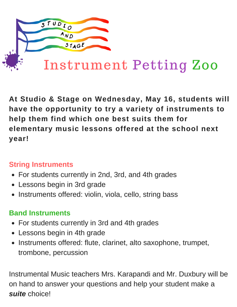 Among the great activities at Wednesday's Studio &amp; Stage event is the "Instrument Petting Zoo," where students will be able to try strings &amp; band instruments that will be offered as lessons at elementary schools next year! 🥁🎻🎷🎺