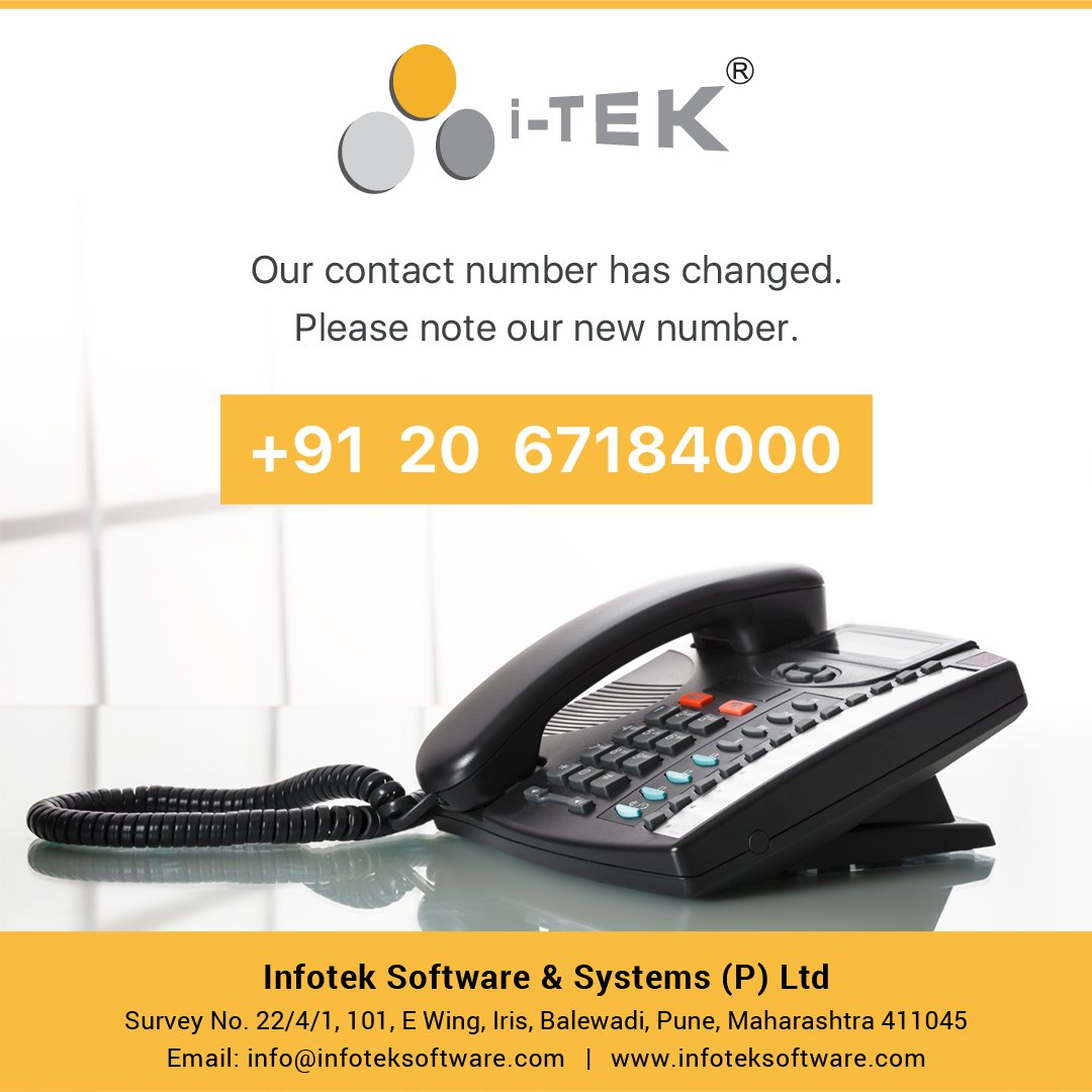 infotekrfid's tweet photo. Our contact number has changed.
Please note our new contact number +91 20 67184000
https://t.co/3eMVUOrFbj
#iTEK #RFID #tracking #container #technology #exporter #ESealing #infoteksoftware #NewNumber #contact https://t.co/67njCY4mqN