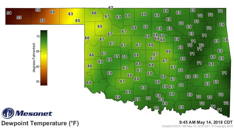 MichaelSeger's tweet photo. Noticing the mugginess?? Of yeah, downright tropical. Dew points around 70 in parts of eastern OK, including the Tulsa metro 

Map via @okmesonet #okwx #SweatWeather https://t.co/rUHv0R3Hwe