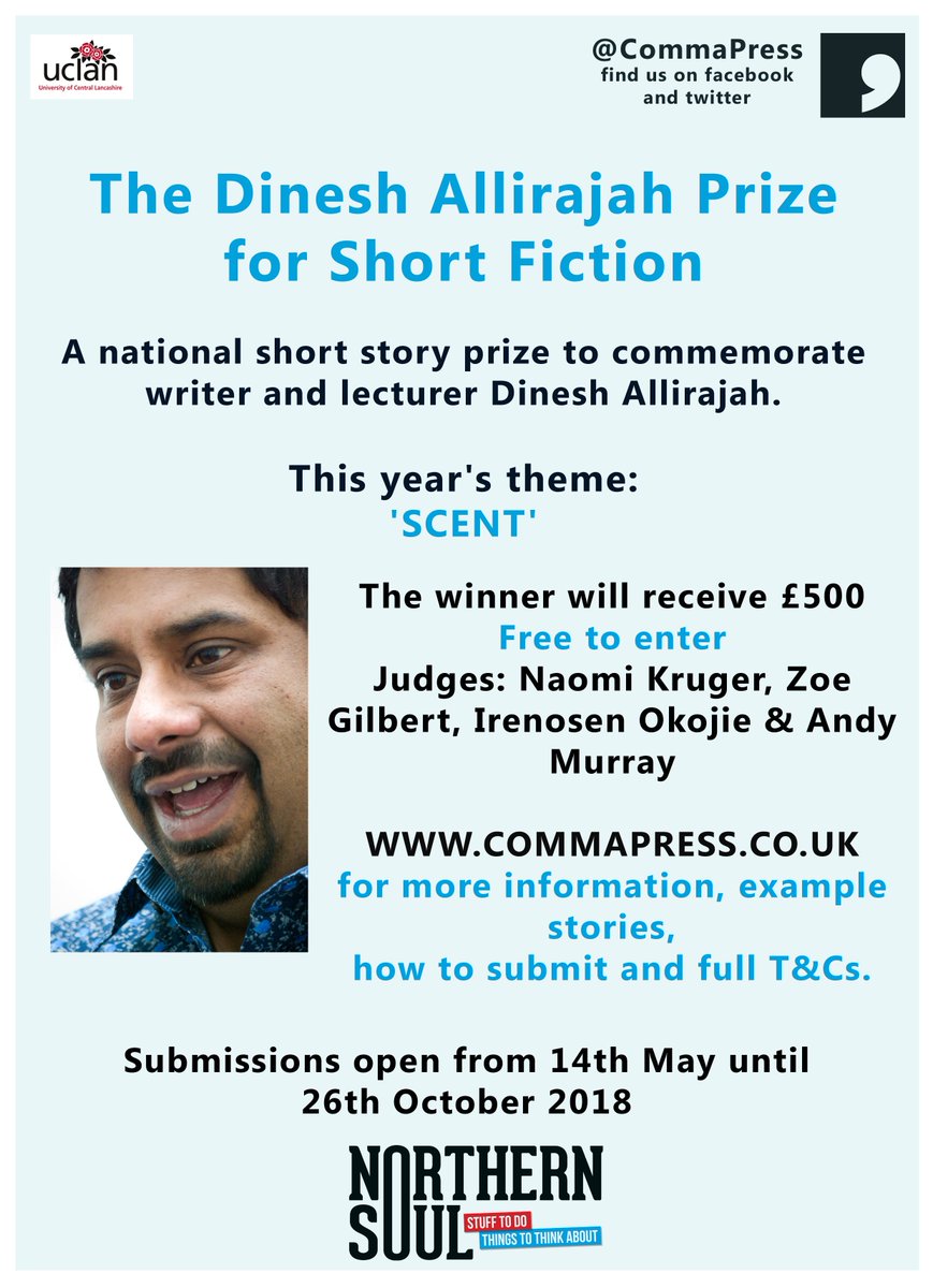 commapress's tweet photo. ICYMI, we've opened submissions for our Dinesh Prize for Short Fiction - you could win £500 and online publication on @Northern_Soul_, simply send us a short story about 'Scent', more info here: https://t.co/y0eA2PFPZz https://t.co/Ywk26VORmF
