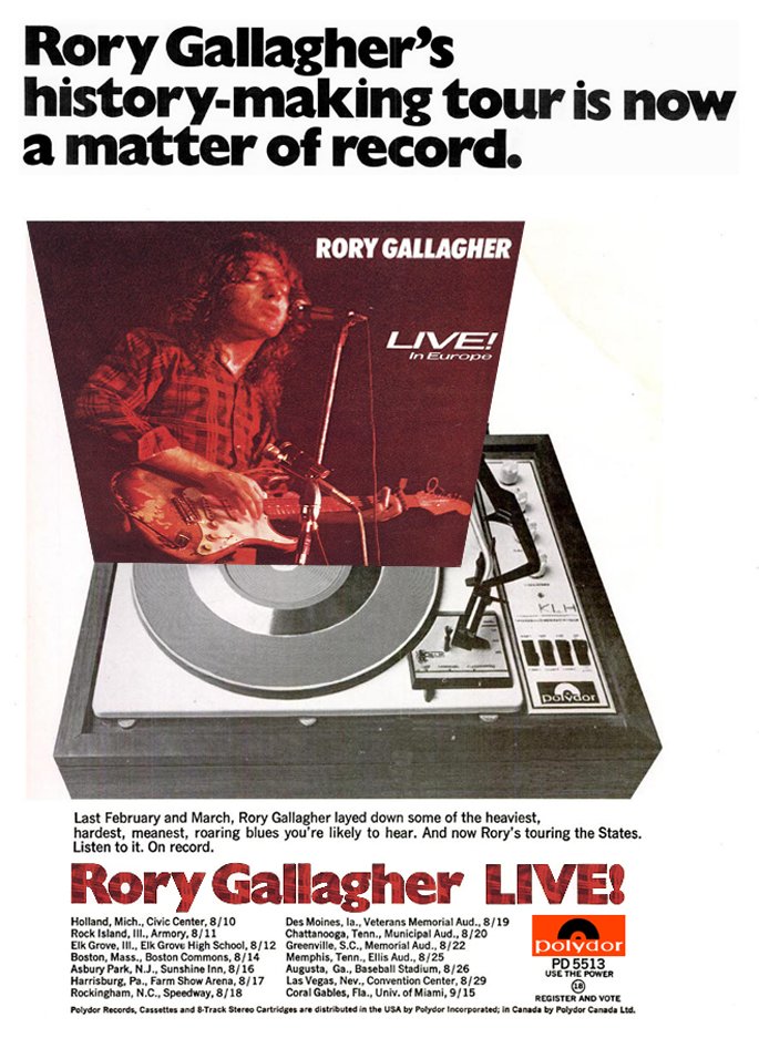 rorygallagher's tweet photo. Rory's fantastic 'Live! In Europe' album was released on this day in 1972. This is a Polydor advert for the album and his upcoming US tour. What's you favourite track? https://t.co/qUJiSct33e