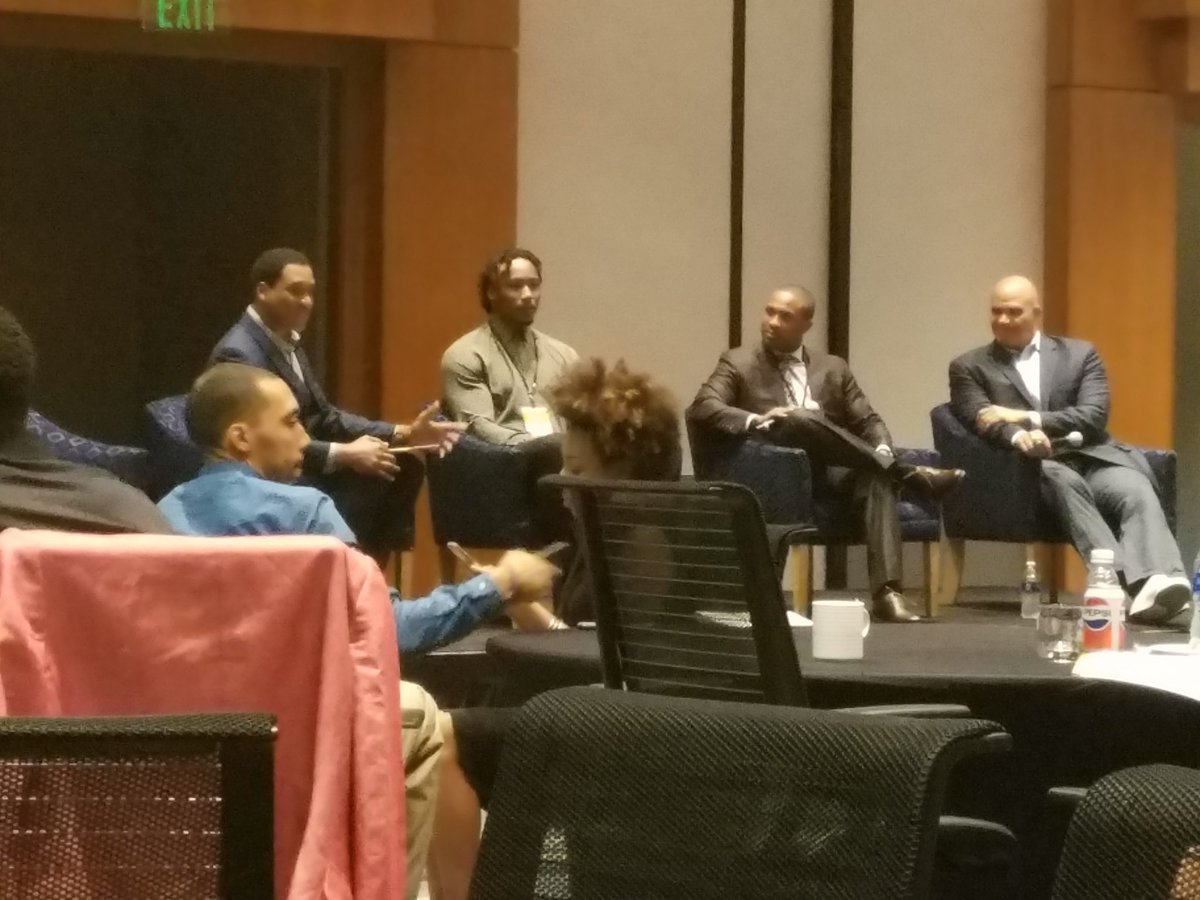 kennedysatcher's tweet photo. Andre Allen moderates a panel with retired players @BMarshall @AaronTaylorCFB and @AsherAllen providing unique perspectives on mental health challenges among NFL athletes #MentalHealthAwareness #project375 #silencetheshame https://t.co/R5OT3zLLG5