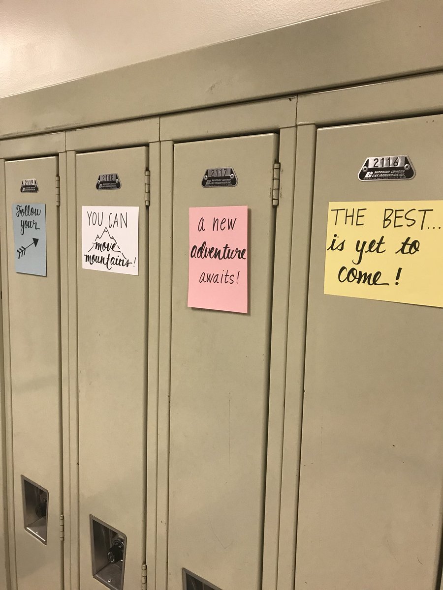 StinsonAli's tweet photo. Senior hallway lined with personalized graduation caps and special messages on senior lockers!  Their time here is winding down and I can’t wait to see the impacts they make on our world! #BDNPLN @BunsenBurned @J_Renaissance @drphilcampbell @mikesmithlive https://t.co/MuOAUGvmnD