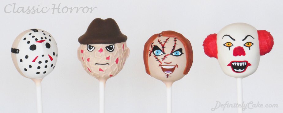 DefinitelyCake's tweet photo. Classic slasher/horror movie character Cake Pops! Jason Voorhees, Freddie Krueger, Chucky and Pennywise. https://t.co/flMdhMHVYs