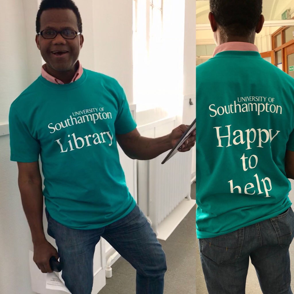 UniSotonLibrary's tweet photo. Check out our Academic Engagement Librarian Peter rocking one of our new floor walking t-shirts!  Keep an eye out for us during the exam period, we will be on all library floors at Hartley Library to help answer your questions and provide support.  #examzen2018 https://t.co/cqJvHFKRXV
