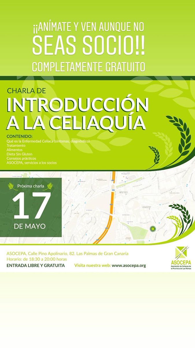 Charla de introducción a la enfermedad celiaca. Jueves 17 de Mayo a las 18.30 #singluten #movimientoceliaco #asocepa #celiaco