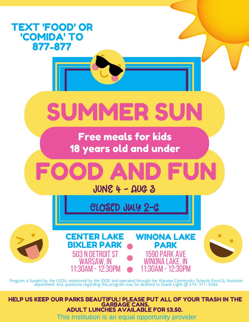 Makinglunches's tweet photo. Summer sun, food and fun!  We are gearing up and looking forward to the Summer Feeding Program for kids with Waraw Bixler Park and Winona Lake Park. June 4th is our opening day. Hope you are there too! @hohummy  @WarsawParksNRec https://t.co/dJ45xFWSzS
