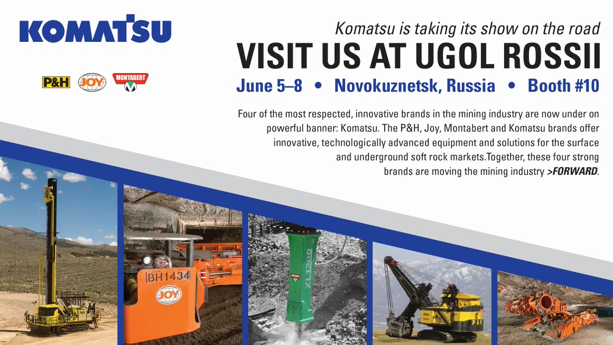 KomatsuMining's tweet photo. Come out and join us at Ugol Rossii, Jun 5-8 in Novokuznetsk, Russia. We'll be at booth #10! #Mining #future #ugolrossii #komatsu #Engineering https://t.co/p9G5F4qKhj