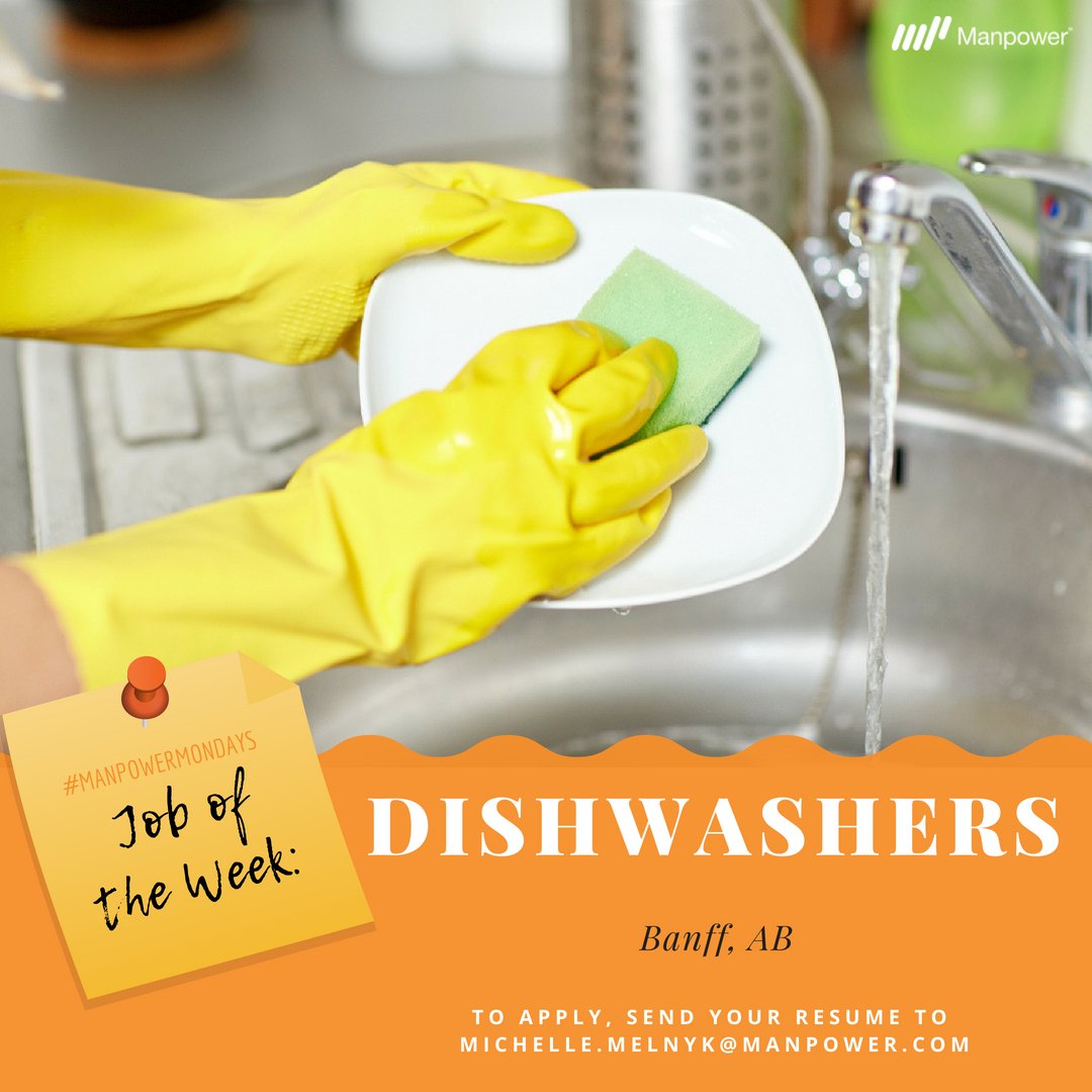 ManpowerAB's tweet photo. Happy #ManpowerMonday! This week’s #JobOfTheWeek:
Manpower is seeking #Dishwashers for an on-going contract at a major hotel chain in #Banff, #Alberta. Pay: $15.50/hr (40 hrs/week).
To apply, send your resume to michelle.melnyk@manpower.com https://t.co/VcwsUTN2lF
