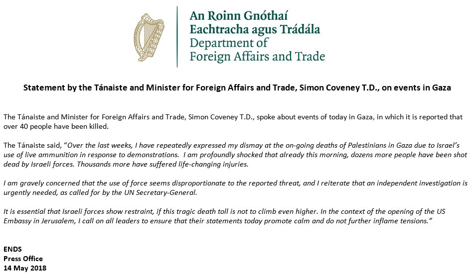Tánaiste <a href="/simoncoveney/">Simon Coveney</a>'s statement on events in #Gaza