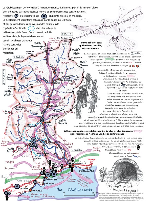 Migreurop's tweet photo. La frontière franco-italienne : lieu de cristallisation des violences et des violations des droits à l'encontre des exilé·e·s.  
Retrouvez la carte de M. Dujmovic &amp; T. Duffey issue de l’Atlas des Migrants en Europe de @Migreurop, 2017 (@ArmandColin ) : https://t.co/YMVkF8R6Rb https://t.co/p4uYfhvQpk