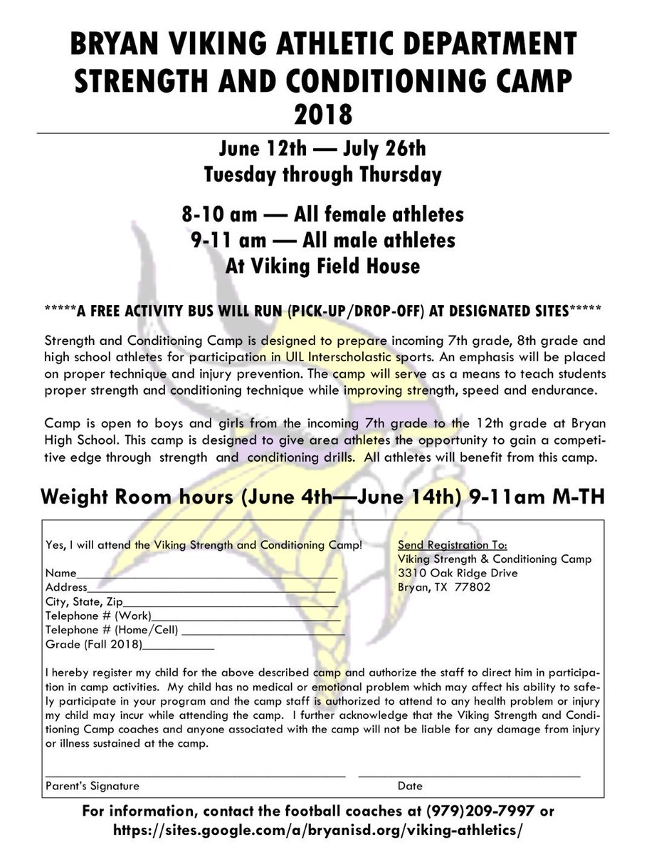 Important info for Summer S&amp;C Camp. Parents we need to get one of these filled out for your students. This is open to EVERY KID in every sport at Bryan HS, SFA and Jane Long.