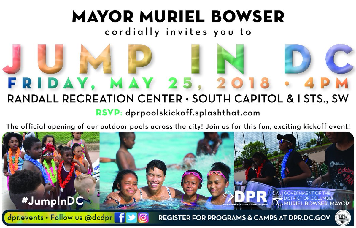 DCDPR's tweet photo. <Friday, May 25> DC Pool KickOFF #JUMPinDC <SAVE the DATE> 4pm-6pm stop by for FREE food, entertainment and more afternoon delight as we celebrate pools opening #MemorialDayWeekend https://t.co/wCC6QHEa4g #WhereFunHappens #DCpools https://t.co/2getoDvenn