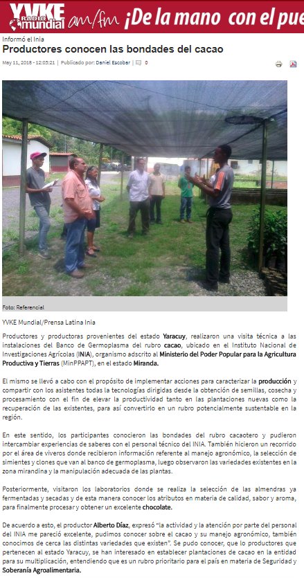 ✅#NoticiasINIA vía <a href="/YVKE_MUNDIAL/">YVKE Mundial</a> l Productores conocen las bondades del cacao bit.ly/2KcIx2W

#SiQuieresProsperidadVota