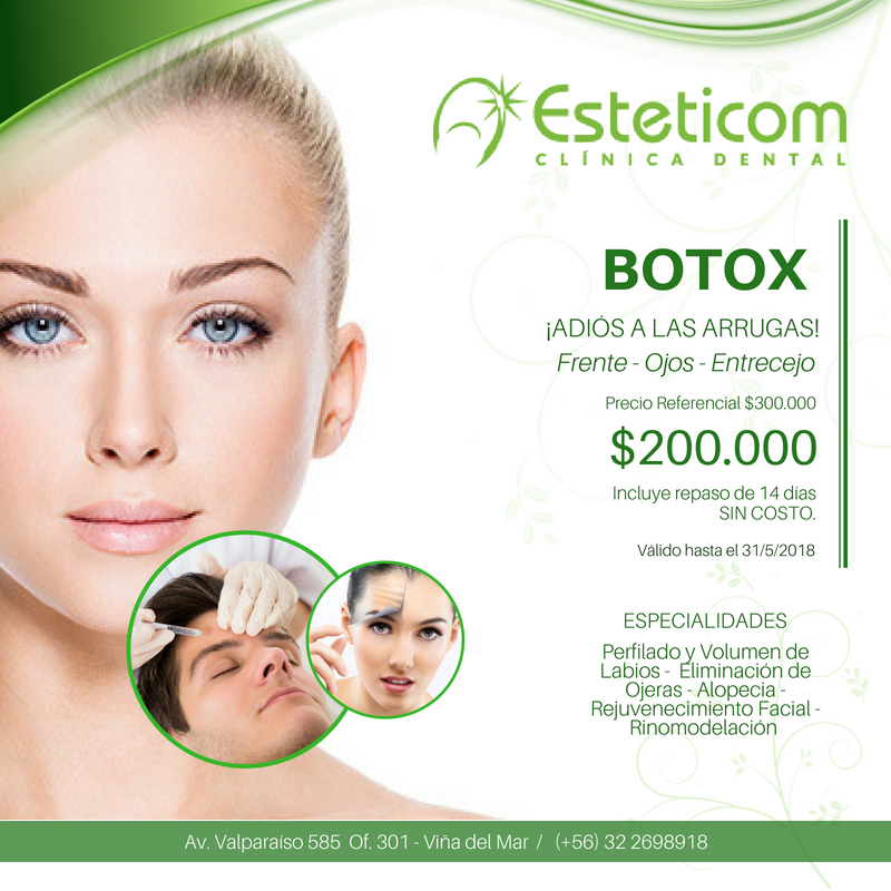 esteticom's tweet photo. En #Esteticom tenemos los mejores y variados tratamientos! Aprovecha esta increíble promoción de aplicación de botox en Frente, Ojos y Entrecejo y dile adiós a las arrugas!! 
$200.000 hasta el 31 de mayo de 2018 (Precio de Referencia $300.000)
#CentroDeEstetica #ViñadelMar https://t.co/0wU7rF6Yvf