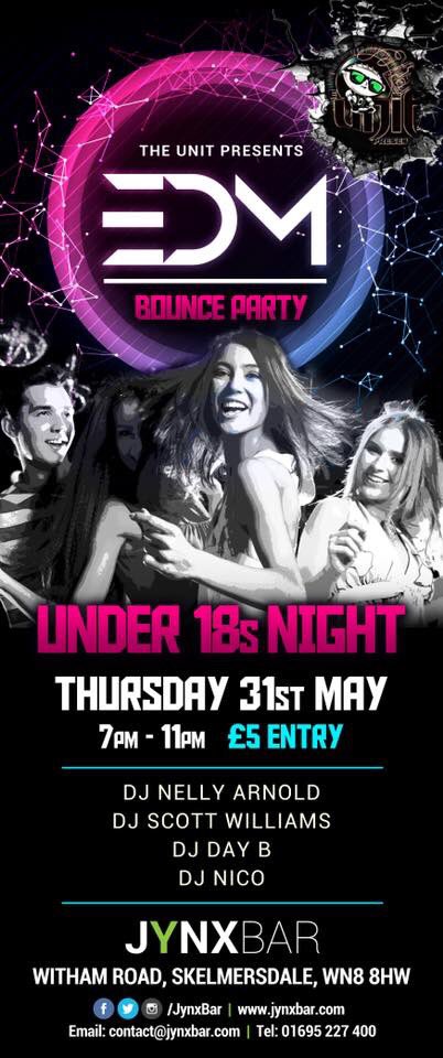 jynxBar's tweet photo. During the Spring half term break, the Unit Presents EDM (Electric Dance Music) &amp; Bounce Party for the Under 18s (from 13-17 year olds) at Jynx!
4 DJs covering the night. 
Entry £5 from 7pm to 11pm. https://t.co/CAwrvkH1mD