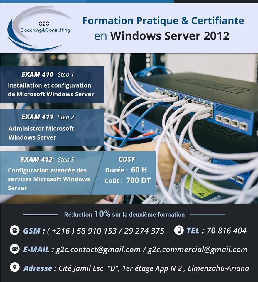 Sarra_G2C's tweet image. Marwa Gcc
1 h · 
#Réduction Jusqu’à 25% durant le mois de #Ramadan #Windows_Server_2012 
Pour plus de détails :
GSM: (+216) 29 830 649
Page FB : facebook.com/G2C.Internatio…
Site Web : gccformation.com
Emails: g2c.formation2@gmail.com