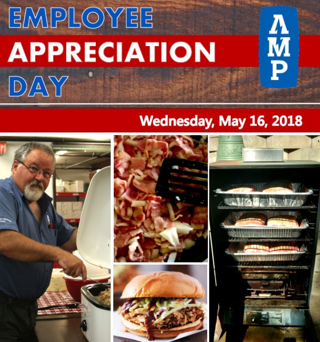 AMP_mfg's tweet photo. [WHAT’S COOKING AT AMP?]🍴🎉👨‍🍳 #Employeeappreciation goes a long way! @AMP_mfg management has planned an appreciation cookout for all employees on 5/16/2018. Chef Mark Fjerstad has been busy smoking the 60 lbs of pork for the pulled pork sandwiches #Solutionsforpower #AMPproud https://t.co/TYUtKk8ON6
