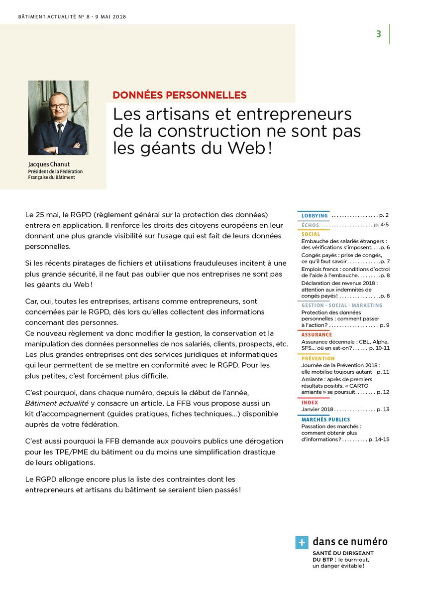 FFBatiment's tweet photo. A lire, le nouvel édito de #BâtimentActualité "Les artisans et entrepreneurs de la construction ne sont pas les géants du Web!" Le #RGPD allonge encore une fois la liste des contraintes pour les TPE et PME. Une simplification drastique des obligations s'impose. https://t.co/LwgWm6GRXH