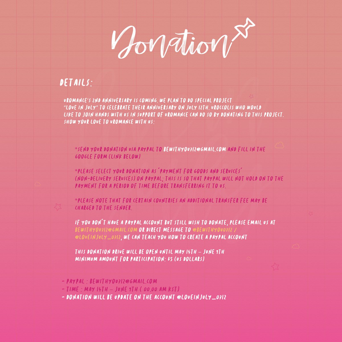 Loveinjuly_0712's tweet photo. LOVE IN JULY🍭

Donation

🎁https://t.co/GyDfjS812X

PayPal  : bewithyou712@gmail.com
Minimum amount for participation: $5 (US dollars)

❣️This donation drive will be open until May 14th – June 9th ❣️

#loveinjulyfor0712 #VROMANCE https://t.co/YSfcZC1Jis