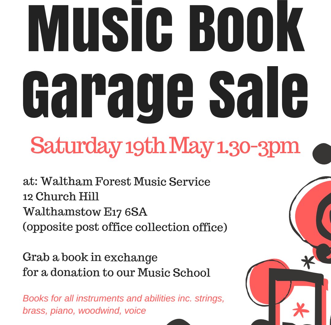 wfmusichub's tweet photo. Used music book sale
This Sat 19 May 1.30-3pm
At Waltham Forest Music Service 12 Church Hill #E17
Grab a bargain! 🛒🛒🛒
All donations for books go to our Friends of Music School https://t.co/OaBymaIEFW