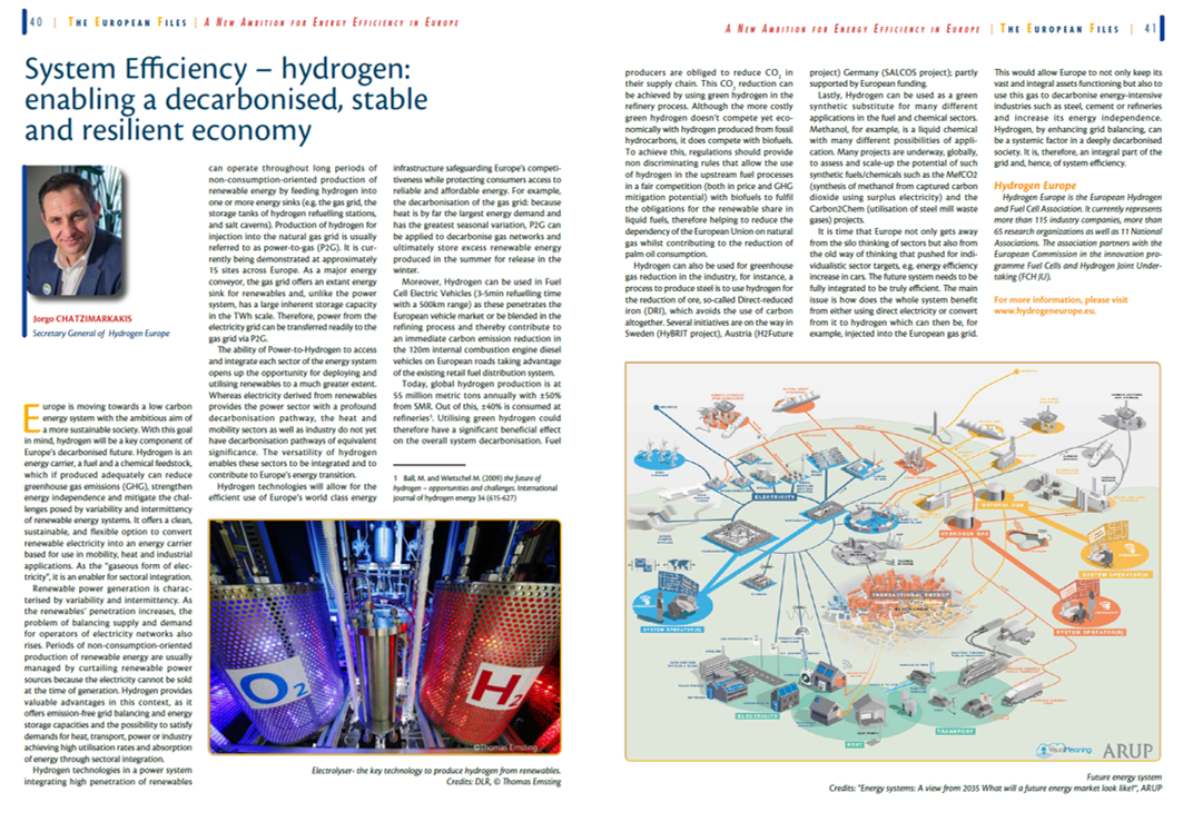 H2Europe's tweet photo. System Efficiency - #hydrogen: enabling a #decarbonised, stable and resilient economy
Learn more in our article included in the just published "A New Ambition for Energy Efficiency in Europe" issue of the @EuropeanFiles 
https://t.co/Z2SHPacvje https://t.co/kGHdNkPLqf