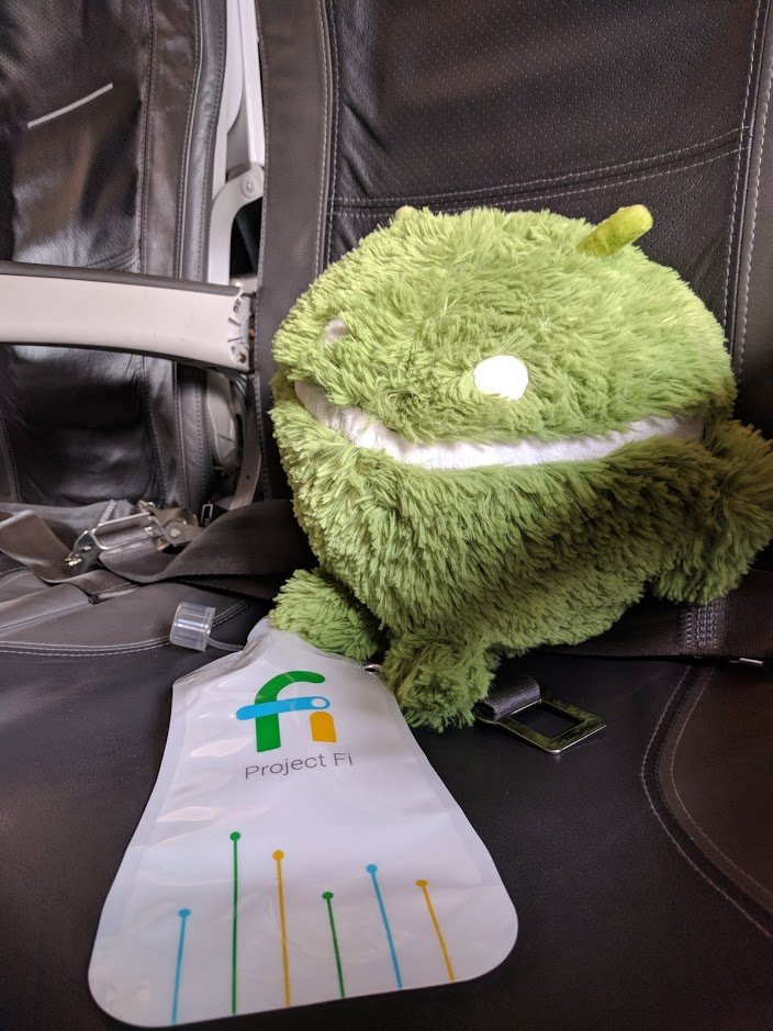 lukaszbyjos's tweet photo. My green friend was pleased with @lufthansa own seating. He complained a little about screen height but get asleep fast. 

Also thanks @projectfi for swag :D
#FlywithFi https://t.co/fXtJ3c4L9G