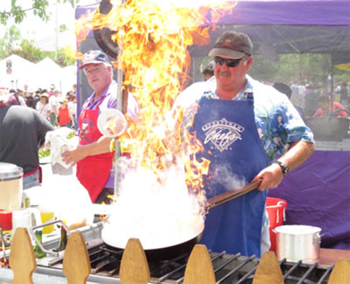 ArtiFest's tweet photo. Elk's "Pyro shrimp scampi" is a sight to see! Don't miss this or any of the other delicious food at the Morgan Hill Mushroom Mardi Gras May 26th-27th! Who's hungry?? 😋 https://t.co/b3GAU3YaKb https://t.co/3y6lFHKmHv