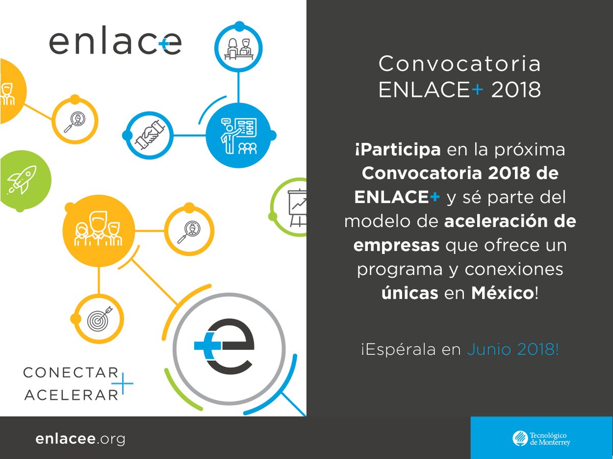 Red_ENLACEE's tweet photo. Acelera tu empresa y participa en la Convocatoria ENLACE+ 2018  ¡Espérala en Junio! Más información en https://t.co/Pehs2cYql3  contacto@enlacee.org #ConectaryAcelerar https://t.co/KXH2evYISI
