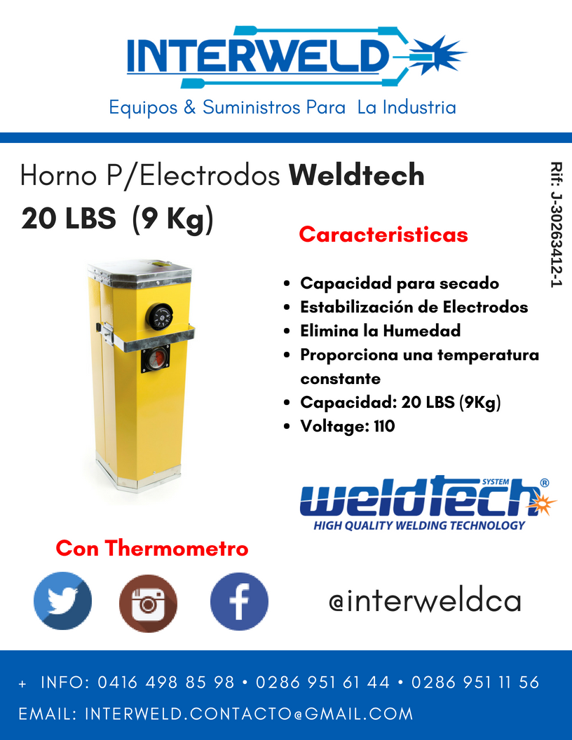 Horno P/Electrodos Weldtech de 20 LBS (9kG)

☑️Capacidad para Secado
☑️Estabilización de Electrodos 
☑️Elimina la Humedad 
☑️Proporciona una Temperatura Constante
☑️Capacidad 20 LBS (9 Kg)
☑️Voltage 110

+ Info 0416 498 85 98 / 0286 951 11 56 / 951 61 44