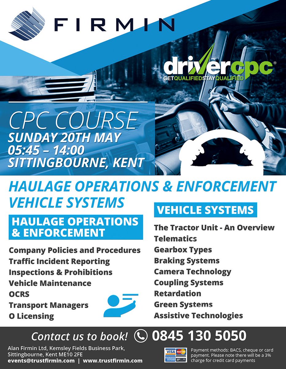 CPC COURSE
Sunday 20th May , 05:45 – 14:00
Haulage Operations &amp; Enforcement | Vehicle Systems 
Click for info: trustfirmin.com/driver-cpc-tra…
To Book: Call Firmin on 0845 130 5050 or email events@trustfirmin.com