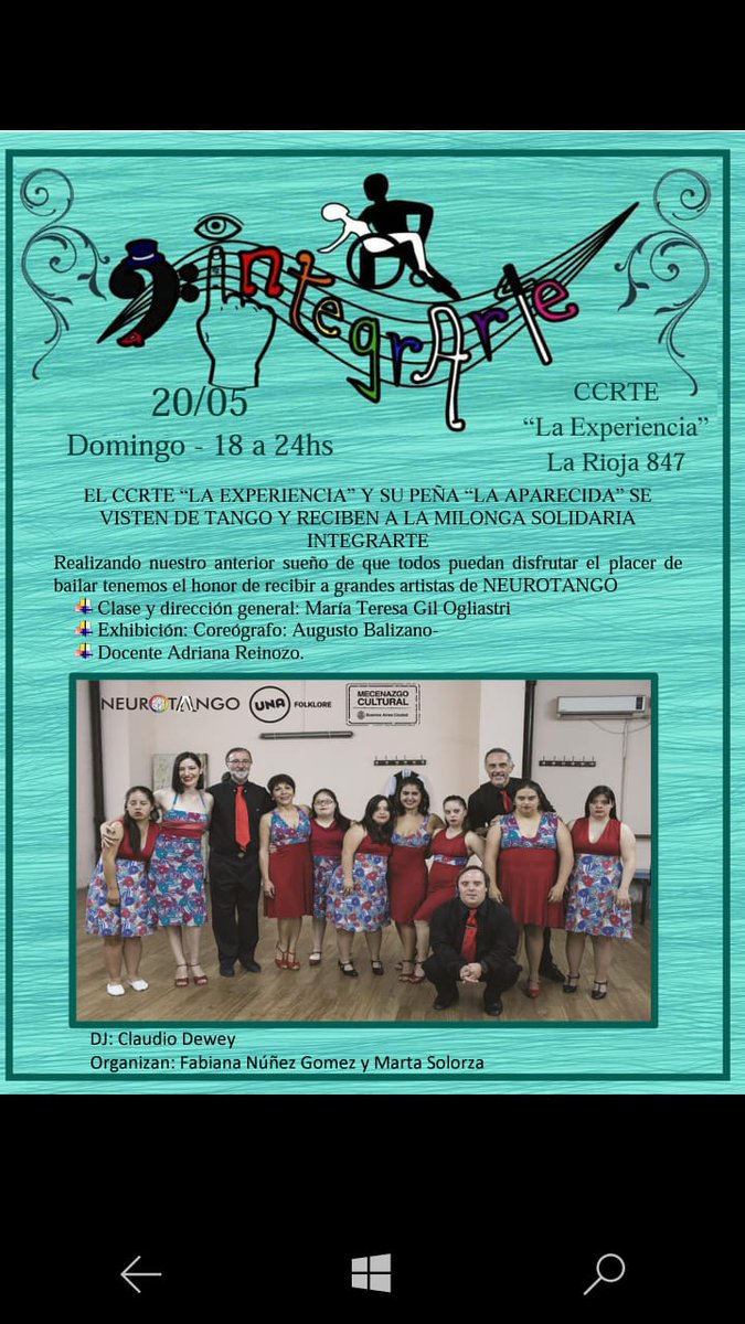 MateNeurotango's tweet photo. #Neurotango #Neurodiversidad #Tango en la #Milonga solidaria #inclusiva : INTEGRARTE con clase abierta y exhibición. Domingo 20 de mayo 18:00 a 24 horas en LA RIOJA 847 CABA. https://t.co/LEXbilpWsh