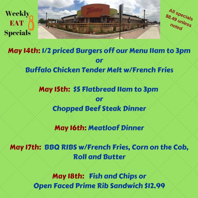 Tuttlesbowling's tweet photo. Weekly Eat Specials. See you on the patio!#bowling #pingpong #beanbagtoss #family #friends #goodtimes #greatfood https://t.co/9pJbpMrJfJ