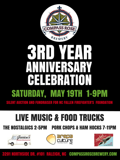compassrosebrew's tweet photo. Happy 3rd Anniversary Compass Rose!!  @raleighfiredept @wakeforestfiredepartment #drinklocal #ncbeer #rdubeer #trianglecraftbeer #raleighbeer @arepaculturenc https://t.co/55ccWu8StT