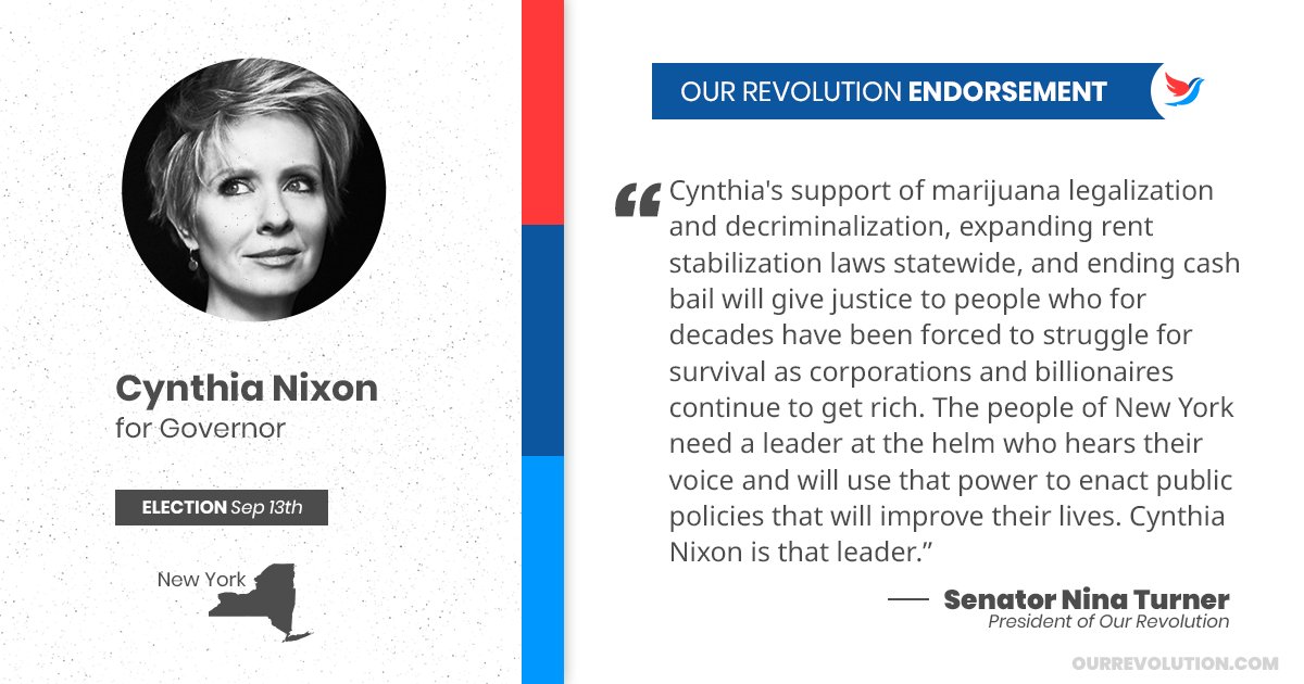 OurRevolution's tweet photo. Our Revolution is proud to endorse @CynthiaNixon for governor of New York. Cynthia will be a force for the people, fighting against moneyed interests that have had an outsized influence in Albany for too long. Learn more and get involved: https://t.co/yBZfhmxnJo https://t.co/FVawcpxmAC