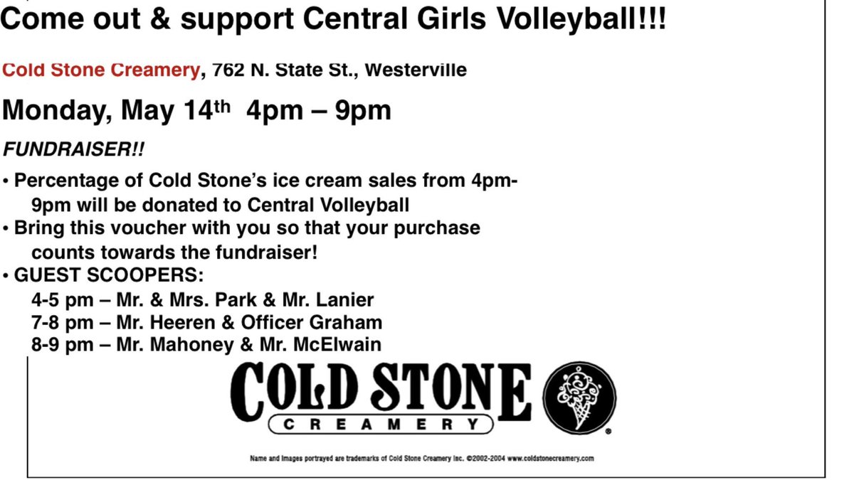 CSC_Westerville's tweet photo. Westerville Central Girls Volleyball fundraiser is tonight from 4-9! Lots of celebrity scoopers tonight from the Westerville Central staff. Check the photo for details🍦 https://t.co/Td55HtR52y