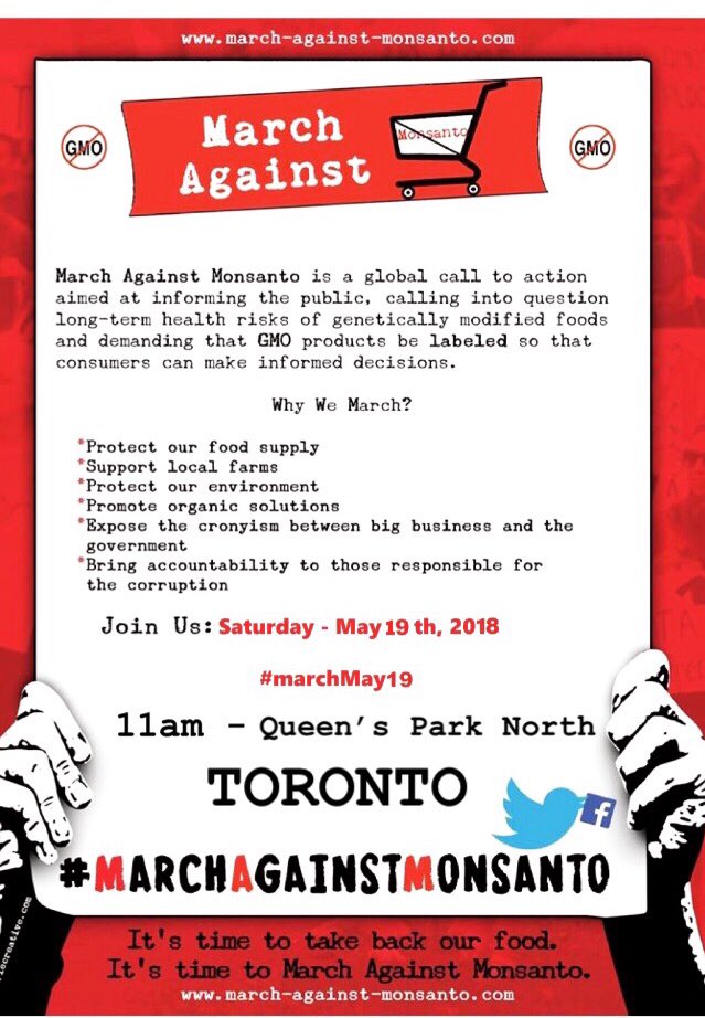 NonGMOToronto's tweet photo. #MAMTO #MarchMay19 #MarchAgainstMonsanto #Toronto #Monsanto
SAT MAY 19 @ 11am-Queen’s Park to City Hall #TO #Inthe6ix #Tdot #TorontoEvent https://t.co/uata7Ba13G