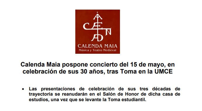 Calendamaia's tweet photo. Estimadas y Estimados por respeto a las compañeras que se encuentran en Toma en la @umcecl, Calenda Maia ha decidido posponer la presentación hasta que se levante la Toma.  Estaremos felices de reencontrarnos una vez finalizado el movimiento estudiantil. https://t.co/sHRLuL862b