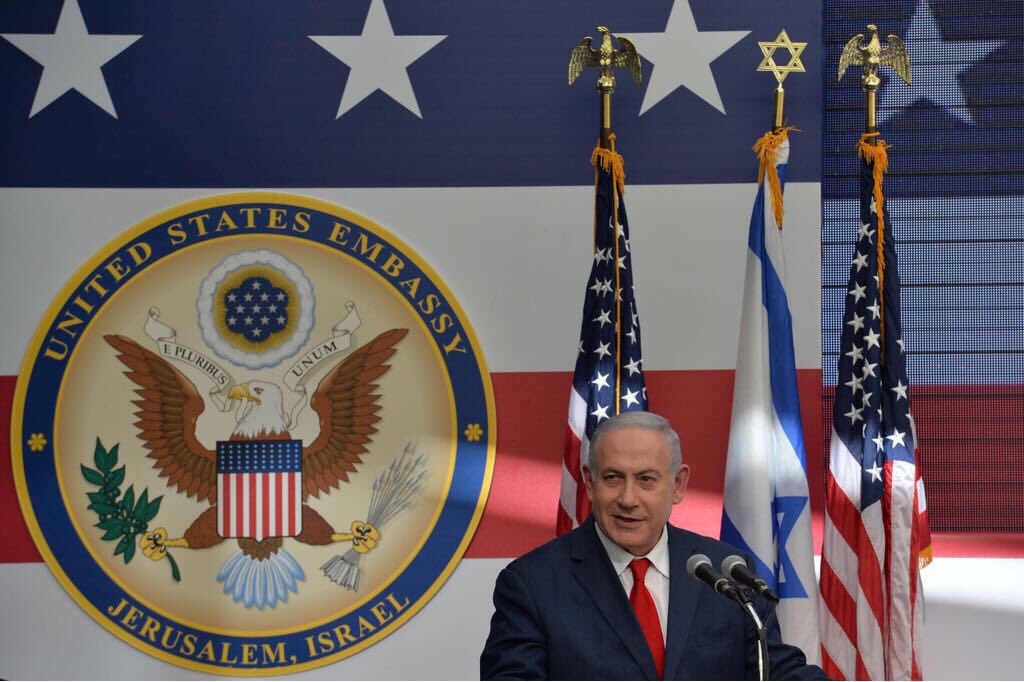netanyahu's tweet photo. Today, the embassy of the most powerful nation on earth, our greatest ally, the United States of America, opened in Jerusalem. Remember this moment. This is history! 🇮🇱🇺🇸 https://t.co/1h1mogNSxJ