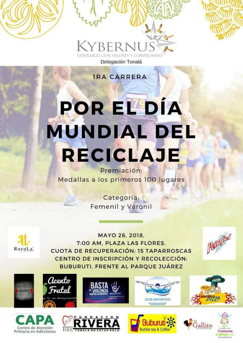 KybernusChis's tweet photo. En la Delegación #Tonalá somos muy deportistas y hemos organizado la 1ra. Carrera  Por El Día Mundial Del Reciclaje ¡Inscríbete!
¿La cuota? 15 taparroscas como mínimo.

Ojo: ese mismo día se pueden inscribir ;)

#TuLiderazgoImporta https://t.co/JAWgNg1Suf