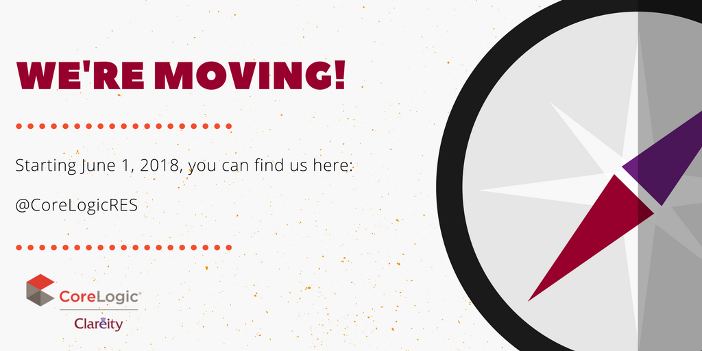 We’re moving! Starting June 1st, all Clareity content will be a part of the CoreLogic Real Estate Solution page. Make sure to follow this page - @CoreLogicRES  - for Clareity updates, plus exciting news on all other CoreLogic solutions.