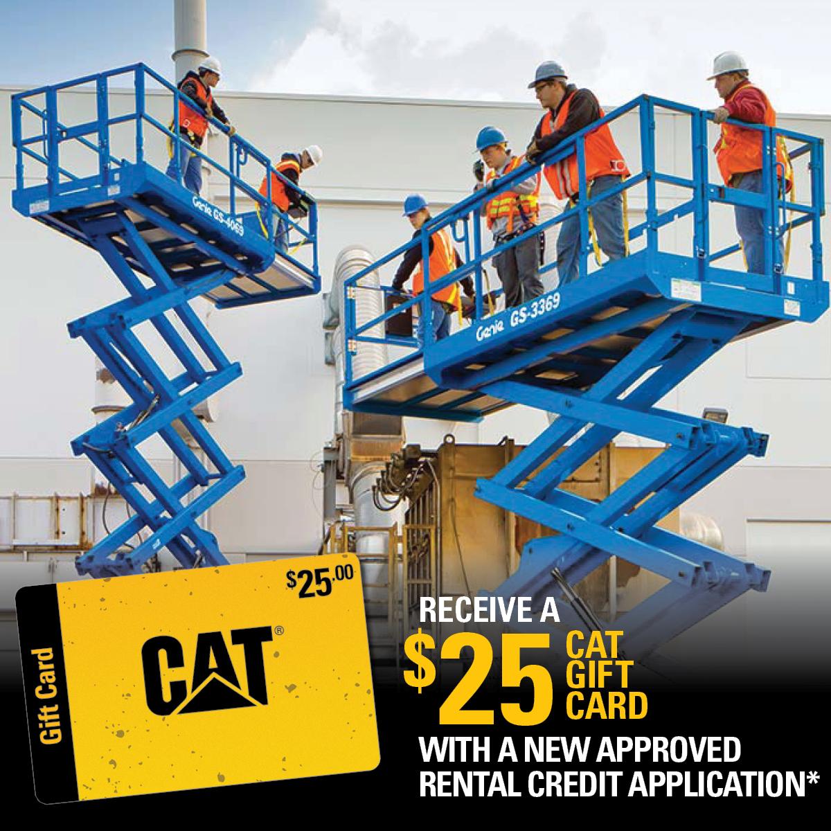 Reward yourself with a $25 Cat Gift Card* when you rent a Genie Scissor Lift and other equipment from the Carolina Cat Rental Store. Call 800-277-2070 to claim yours today! #CatRental #WeBuildNC *Restrictions apply.